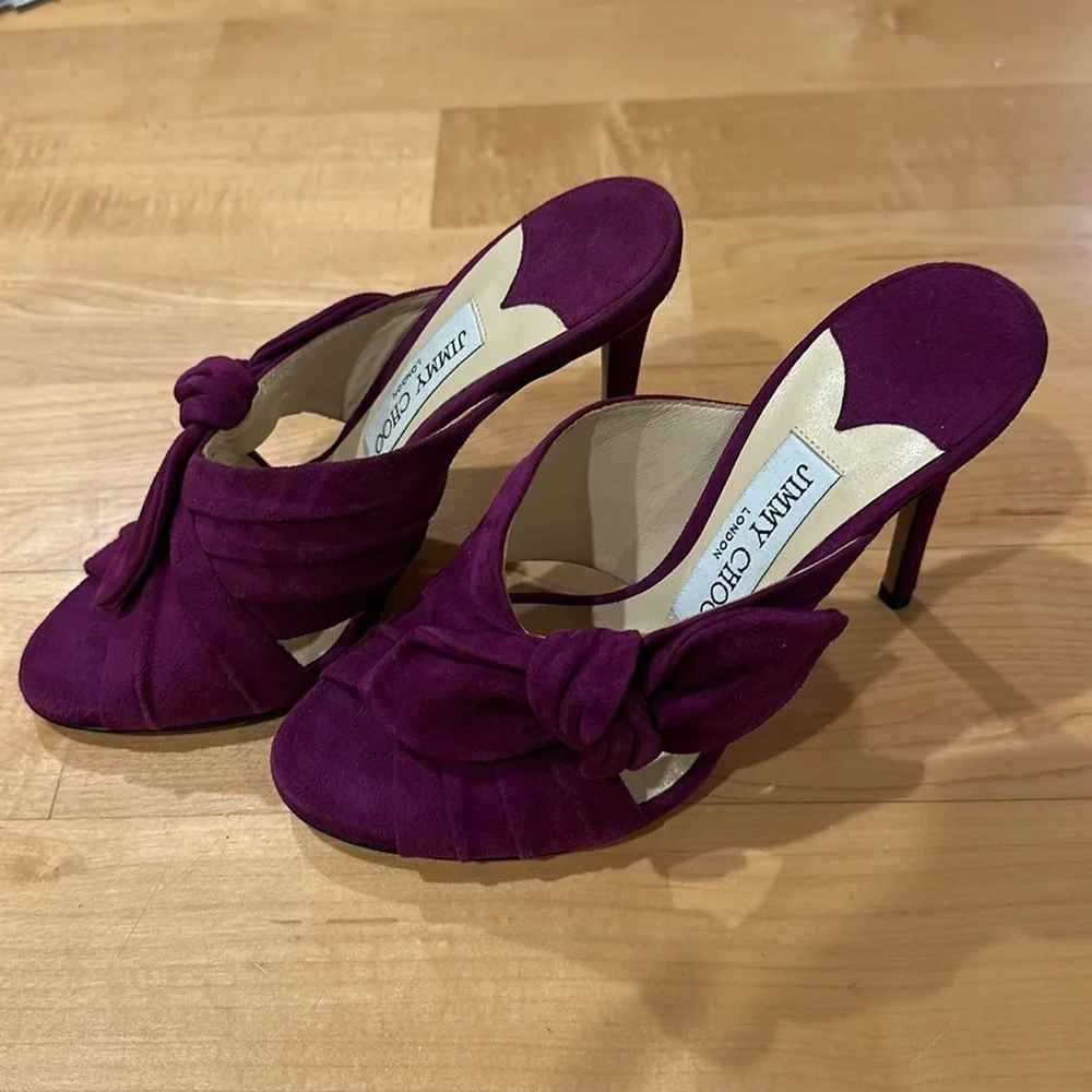Sexy Jimmy Choo Keely suede magenta bow open toe mules heels sz 35 - Picture 4 of 11